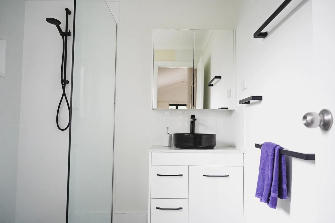 Accessible bathroom in the cabin, with a hand-held shower on a vertical rail, a grab rail, and a white vanity with a black basin and mirrored cabinet.